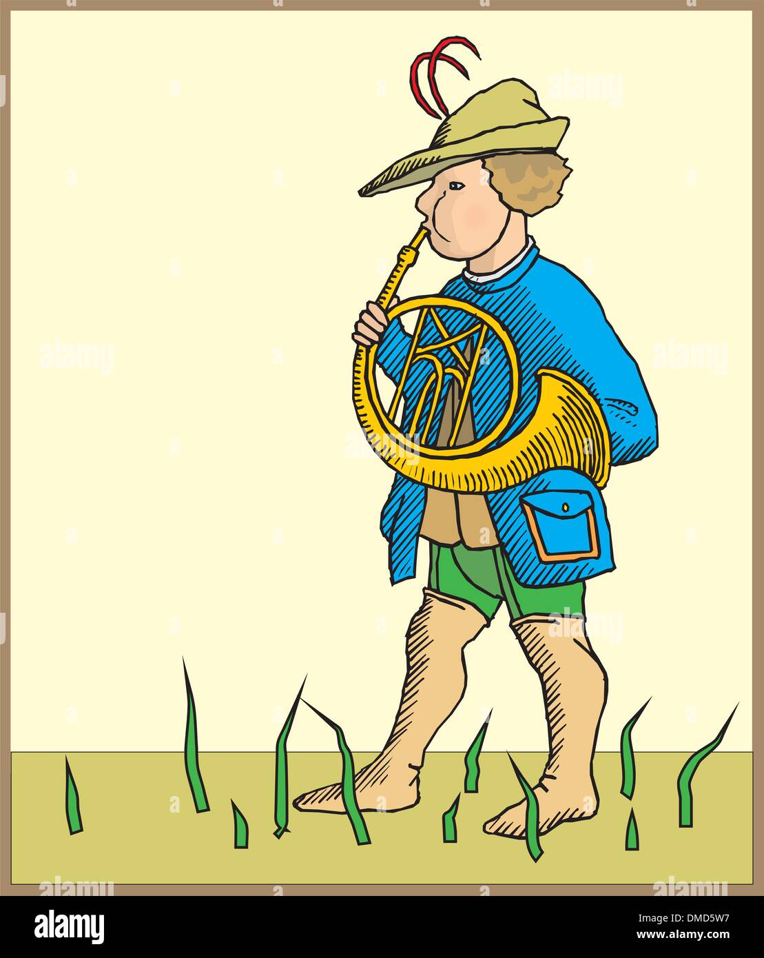 Man playing his French horn Stock Vector