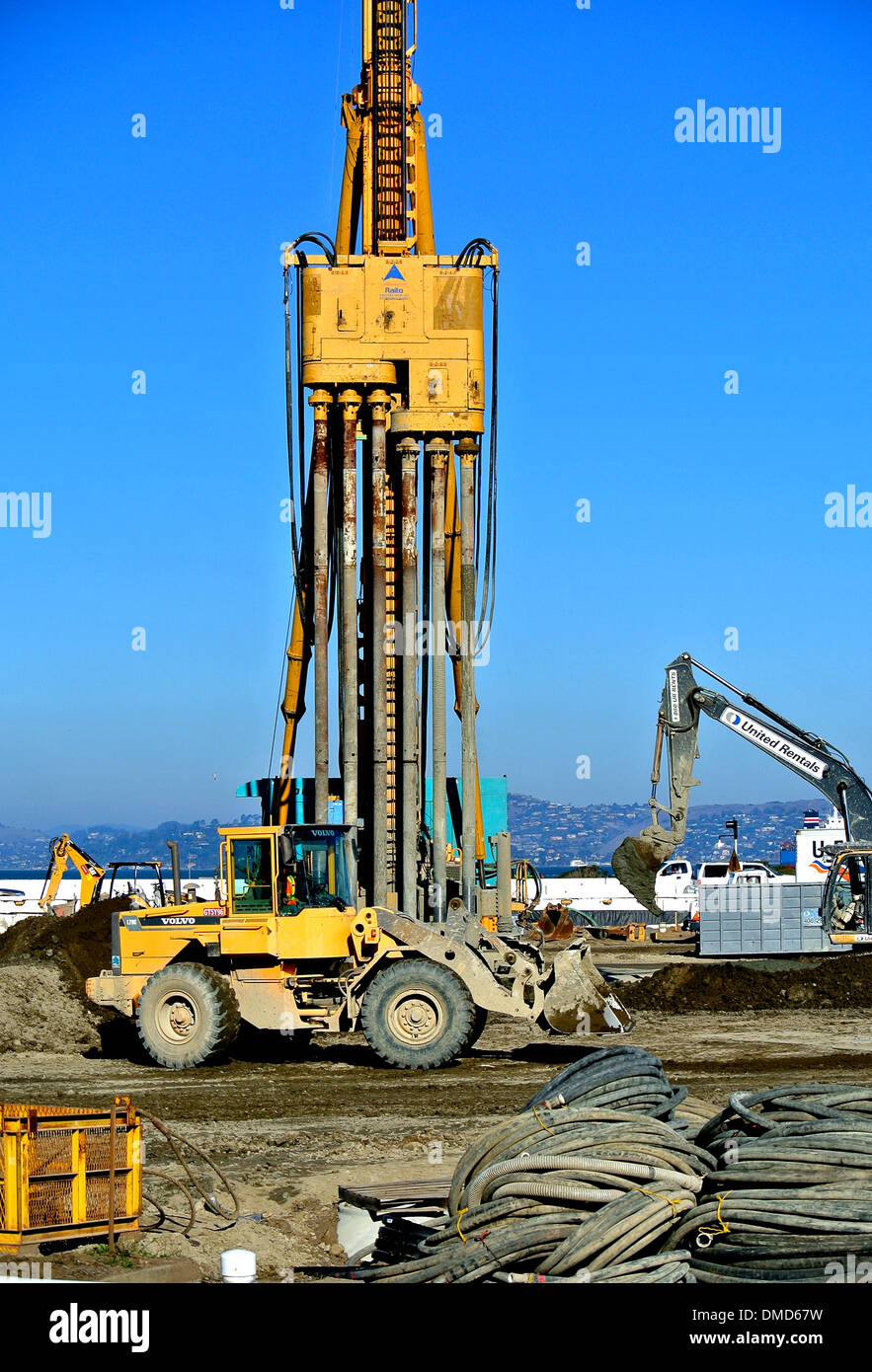 concrete mixer and heavy equipment on Presidio Parkway construction site in San Francisco Stock
