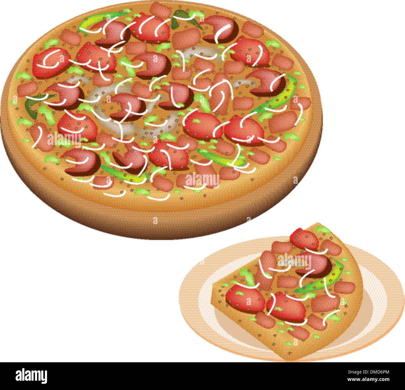 Delicious Deluxe Pizza and Sliced Pizza on Dish Stock Vector