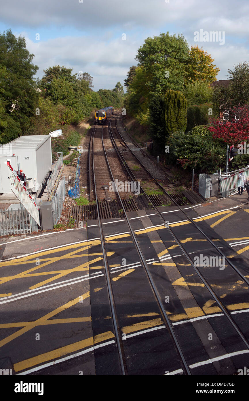 The level crossing at Farnham train station, Surrey, England, United