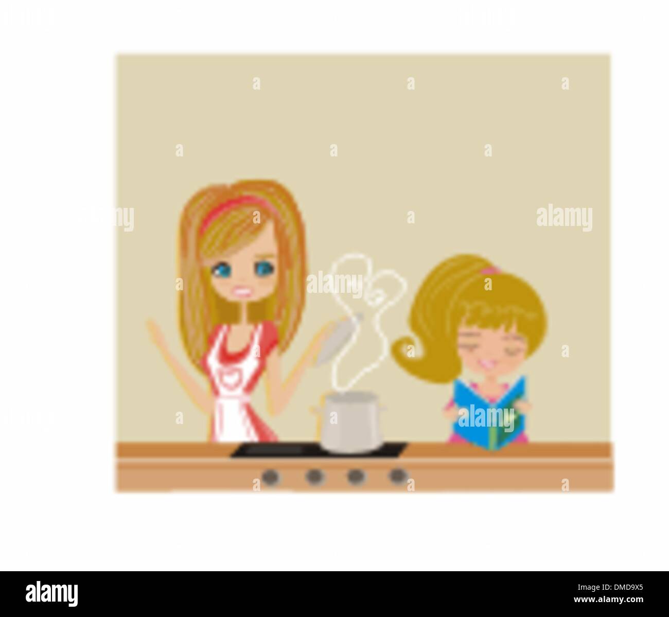 Daughter helps mother cook soup Stock Vector