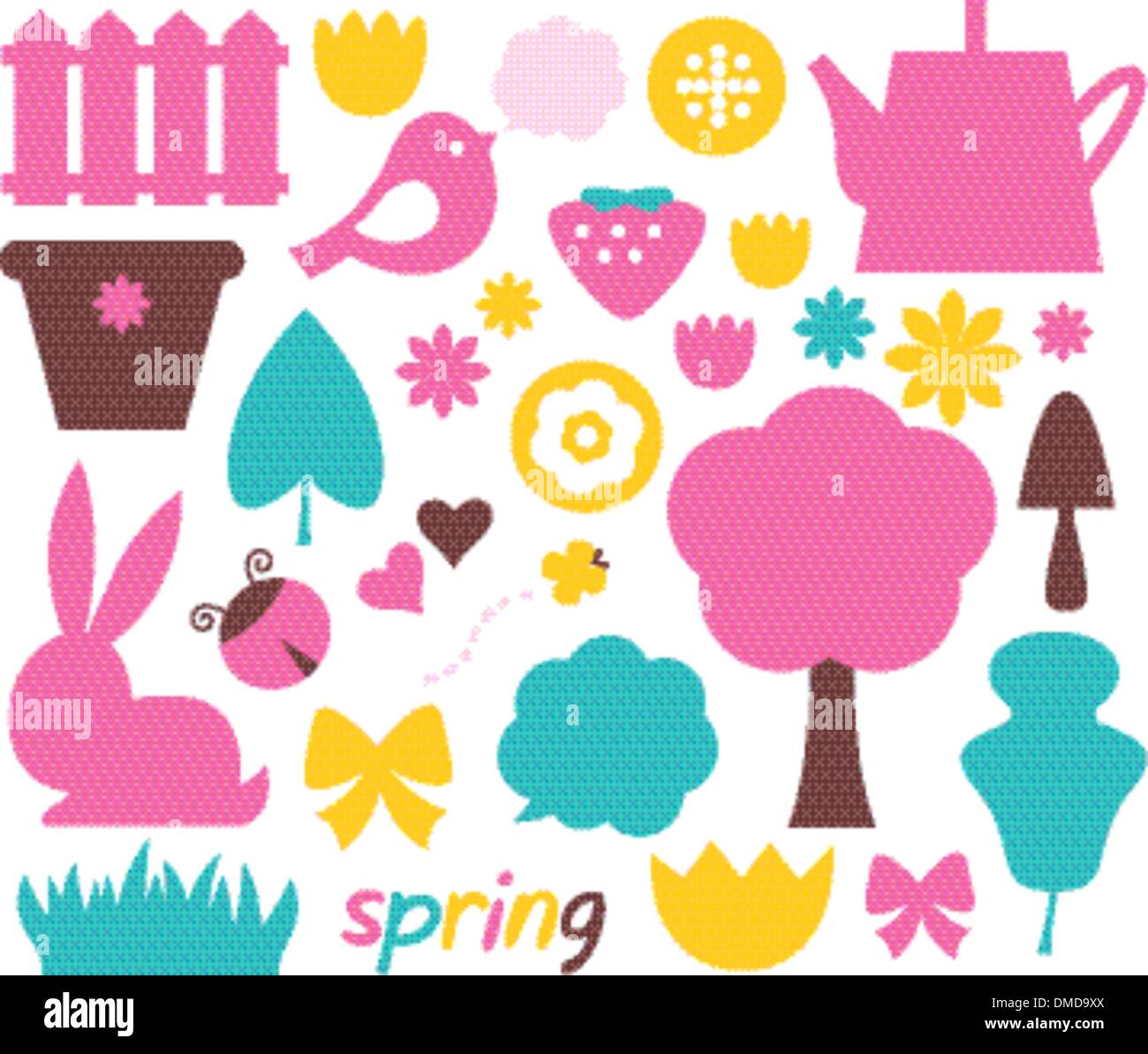 Cute spring and easter colorful design elements isolated on white Stock Vector