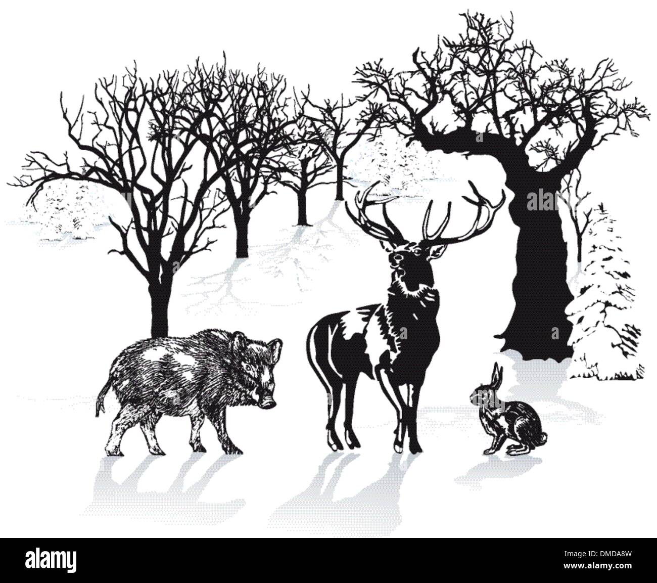 Deer, wild boar and rabbit in winter landscape Stock Vector