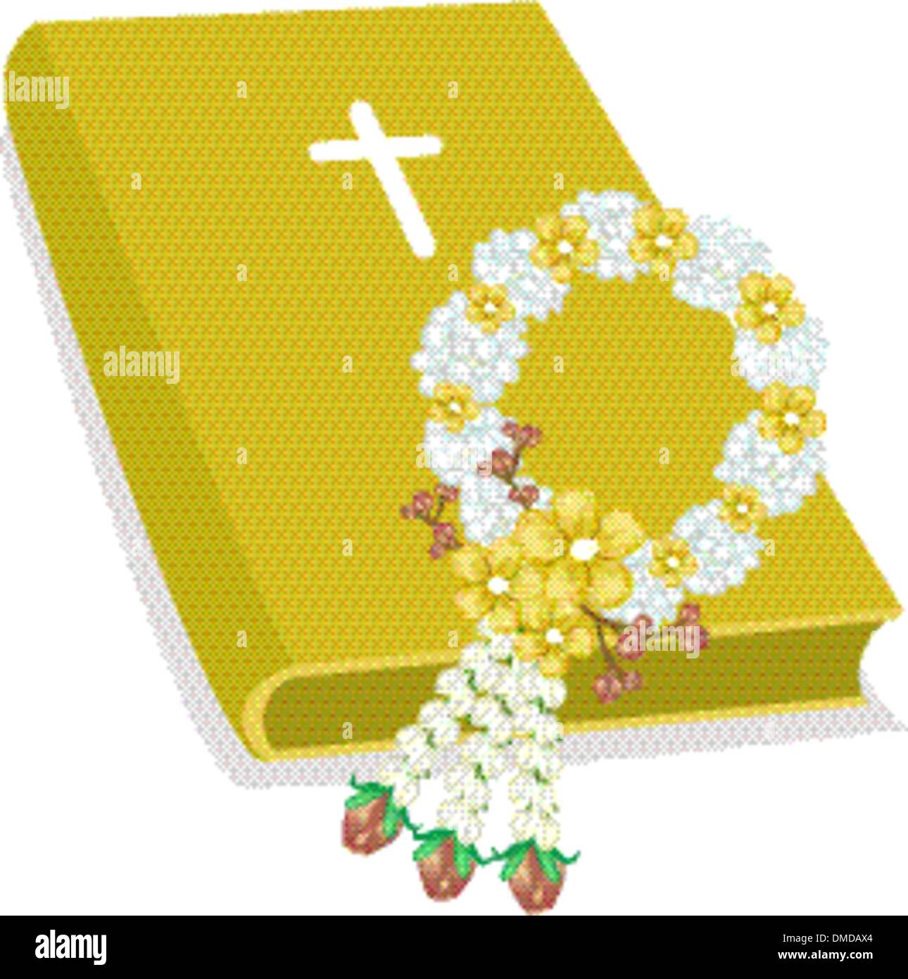 Holy Bible with Wooden Cross and Flower Garland Stock Vector