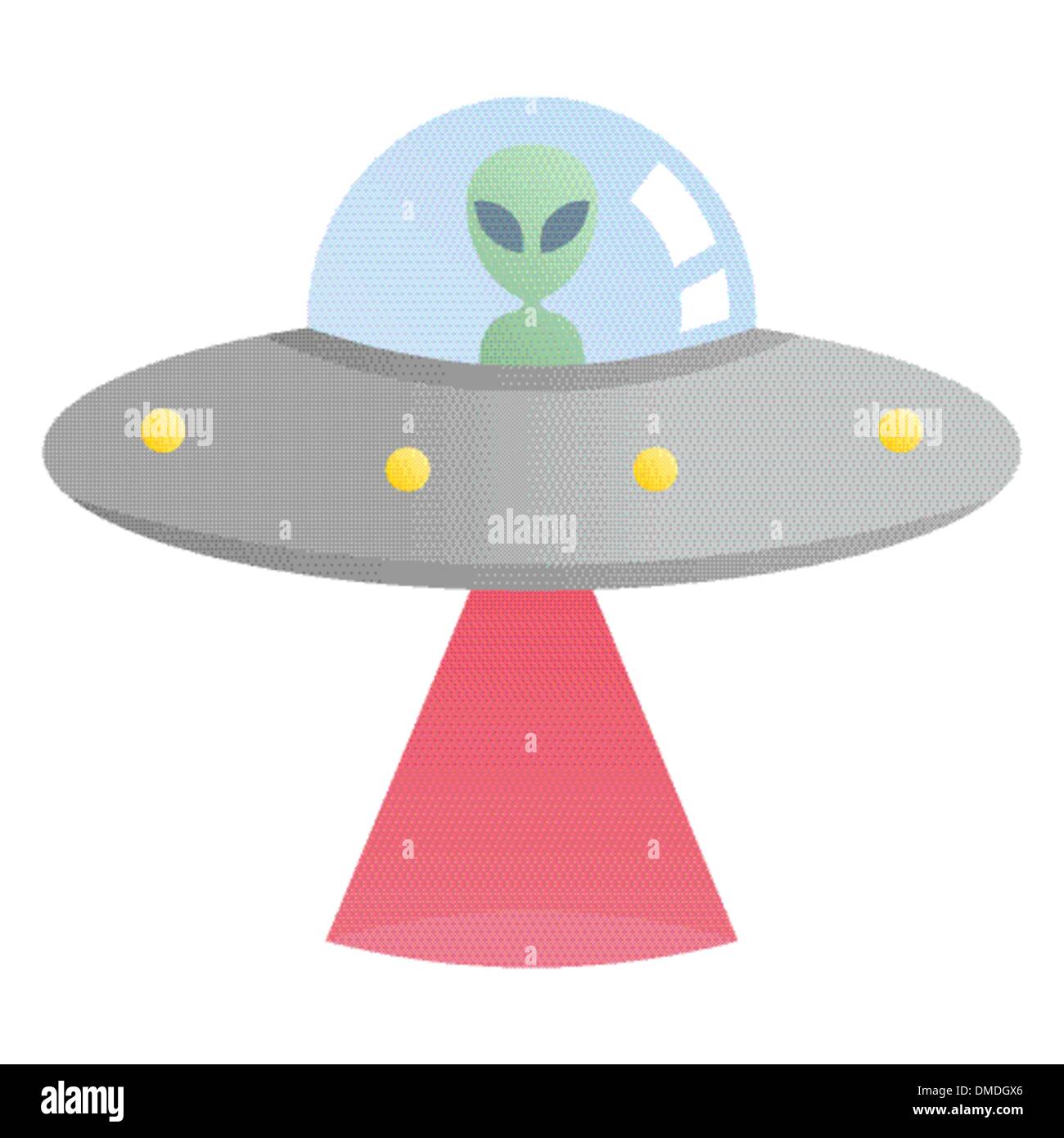 Alien in flying UFO with red laser beam Stock Vector