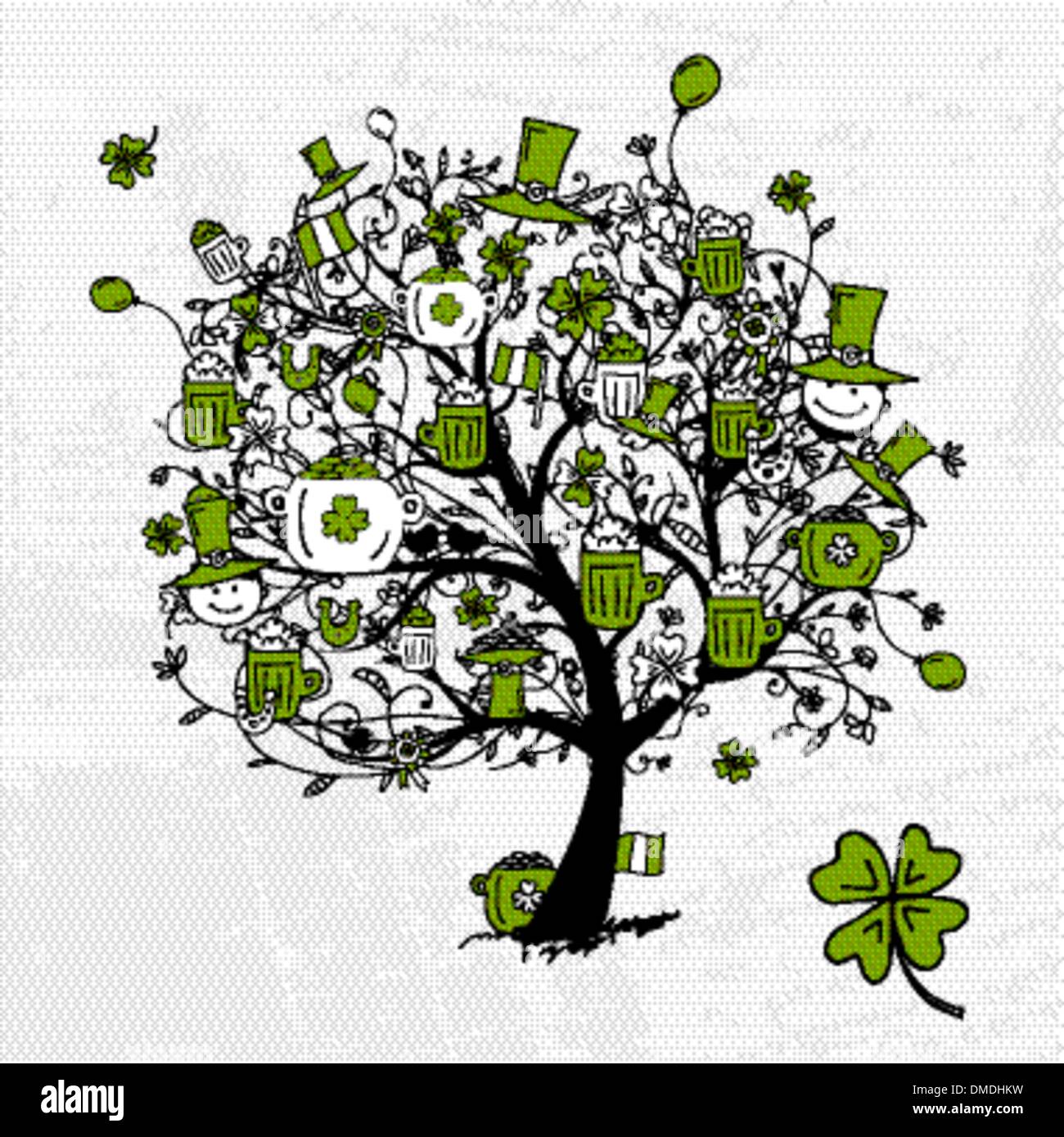 St. Patrick's Day, drawing tree with beer mugs for your design Stock Vector
