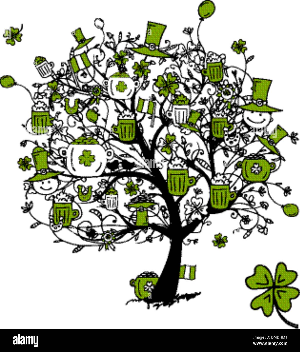 St. Patrick's Day, drawing tree with beer mugs for your design Stock Vector