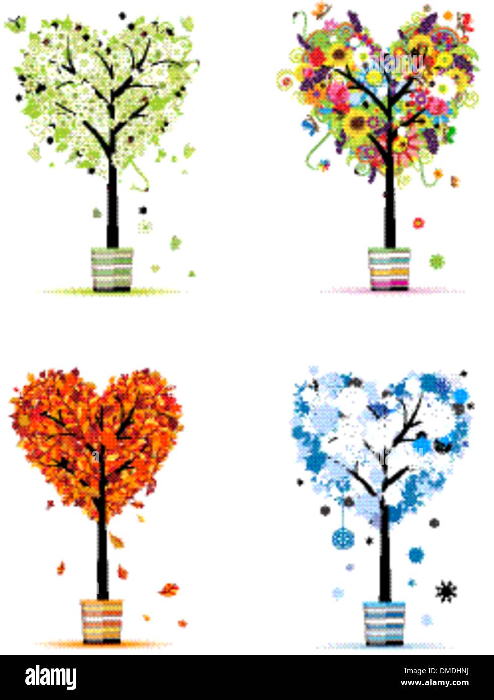 Four seasons - spring, summer, autumn, winter. Art trees in pots for your design Stock Vector