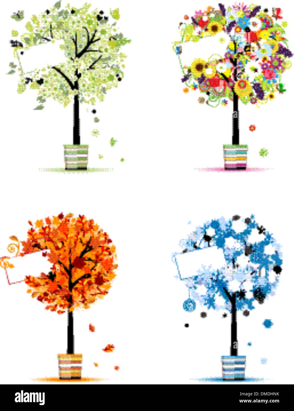 Four seasons - spring, summer, autumn, winter. Art trees in pots for ...
