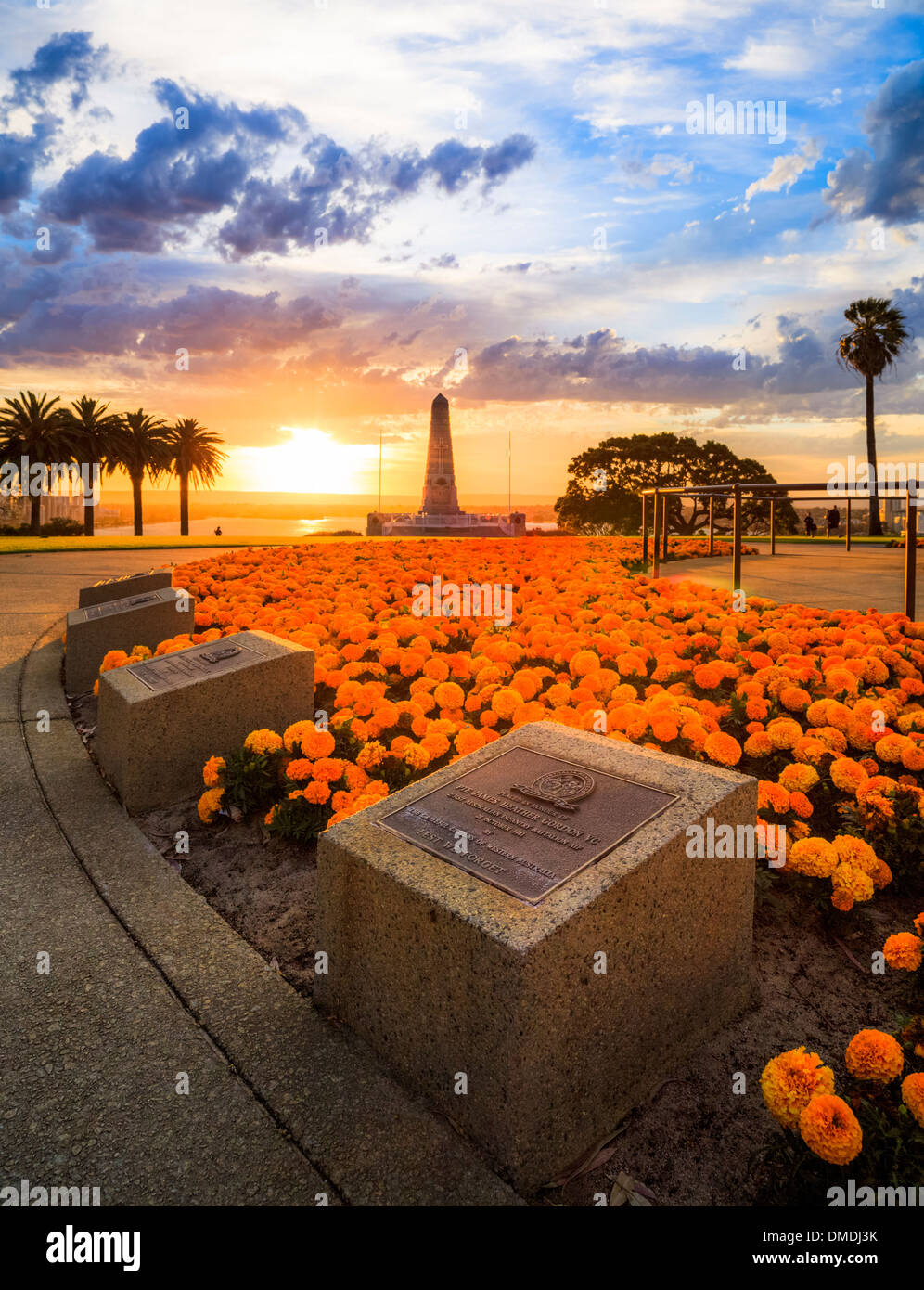 The war memorial, memorial plaques at sunrise in Kings Park, Perth, Western Australia Stock Photo