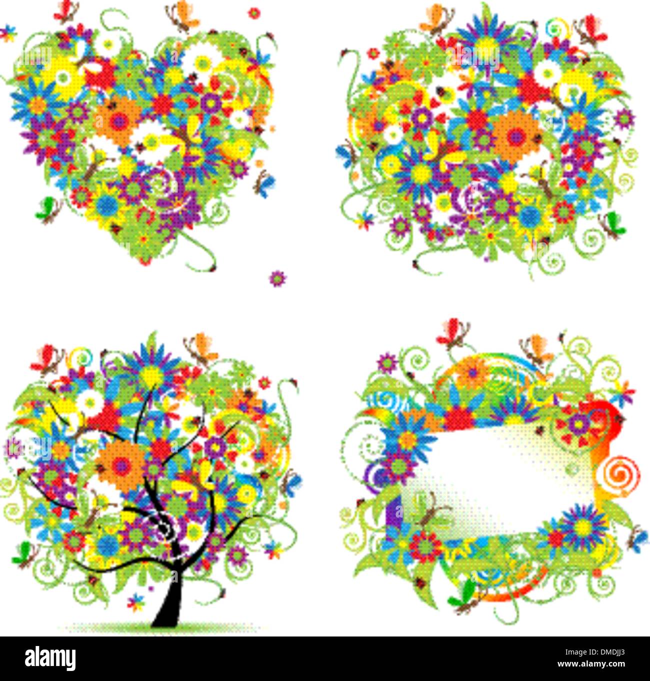 Summer style - tree, frame, bouquet, heart for your design Stock Vector