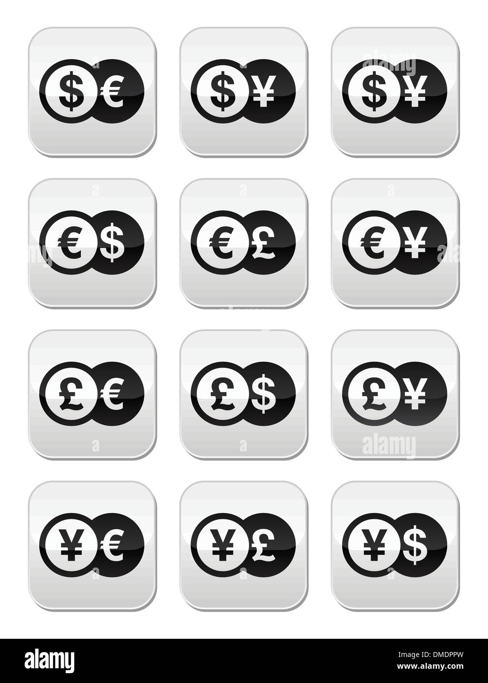 Exchange money buttons set - dollar, euro, yen, pound Stock Vector