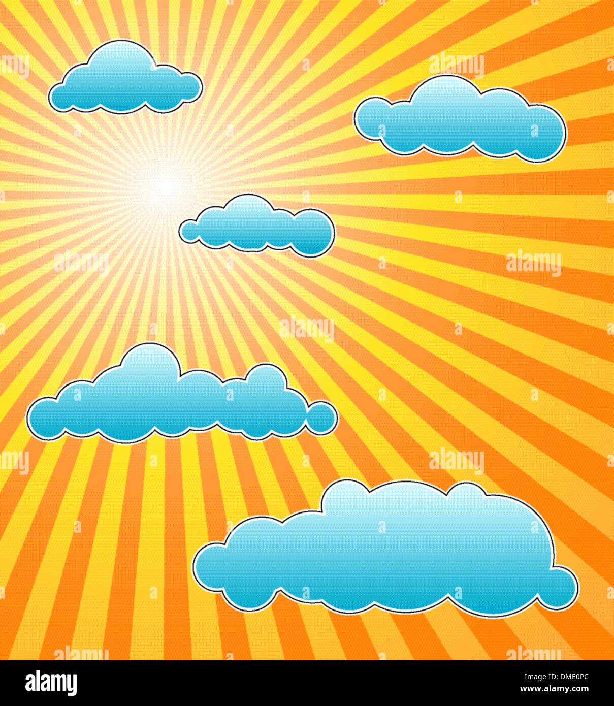 The hot summer sun with blue clouds Stock Vector