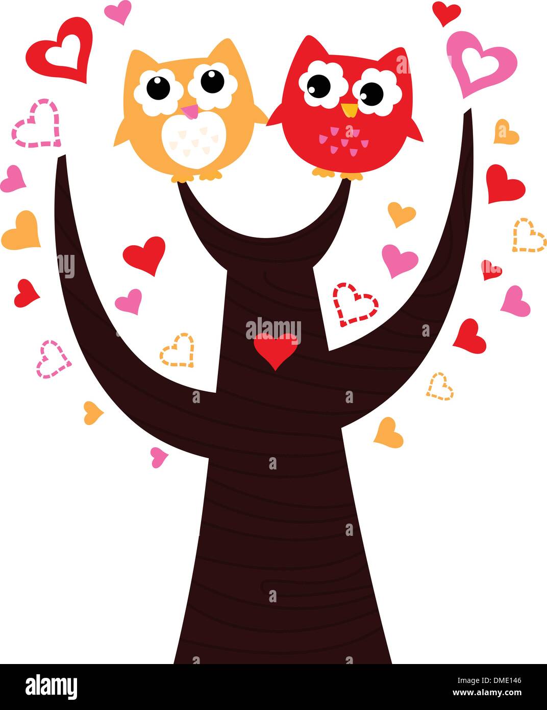Cute vector love Owls on tree isolated on white Stock Vector