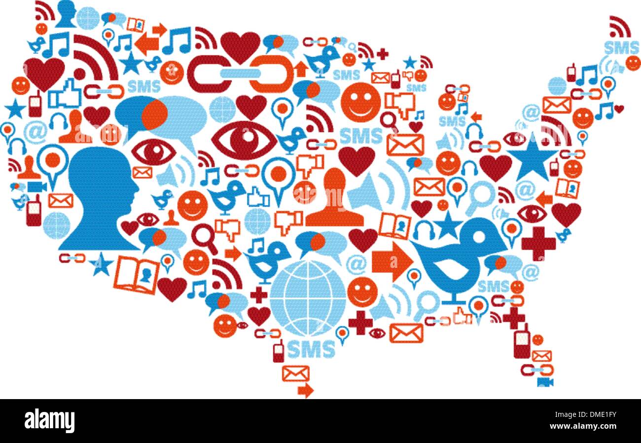 USA map with social media network icons Stock Vector