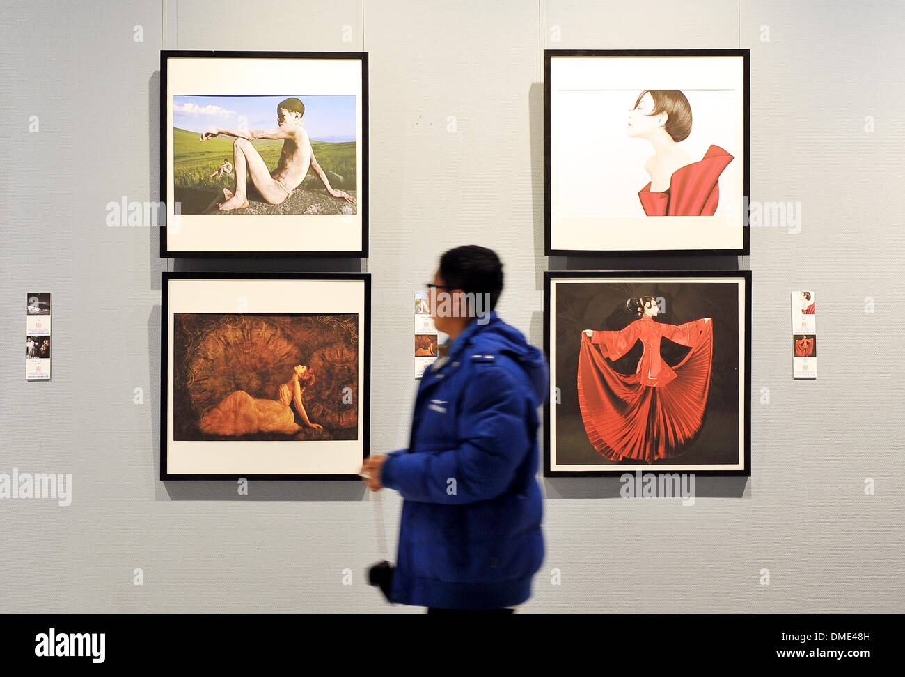 Jinan, China's Shandong Province. 14th Dec, 2013. A visitor looks at an art work displayed in an achievement exhibition of the nationwide art museum support program at the Shandong Art Museum in Jinan, capital of east China's Shandong Province, Dec. 14, 2013. Around 20 million RMB yuan (3.29 million U.S. dollars) has been spent in the support program since 2010, which benefits 53 art museums in 18 provinces. © Zhu Zheng/Xinhua/Alamy Live News Stock Photo