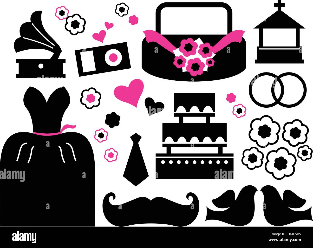 Retro wedding items and design elements isolated on white Stock Vector