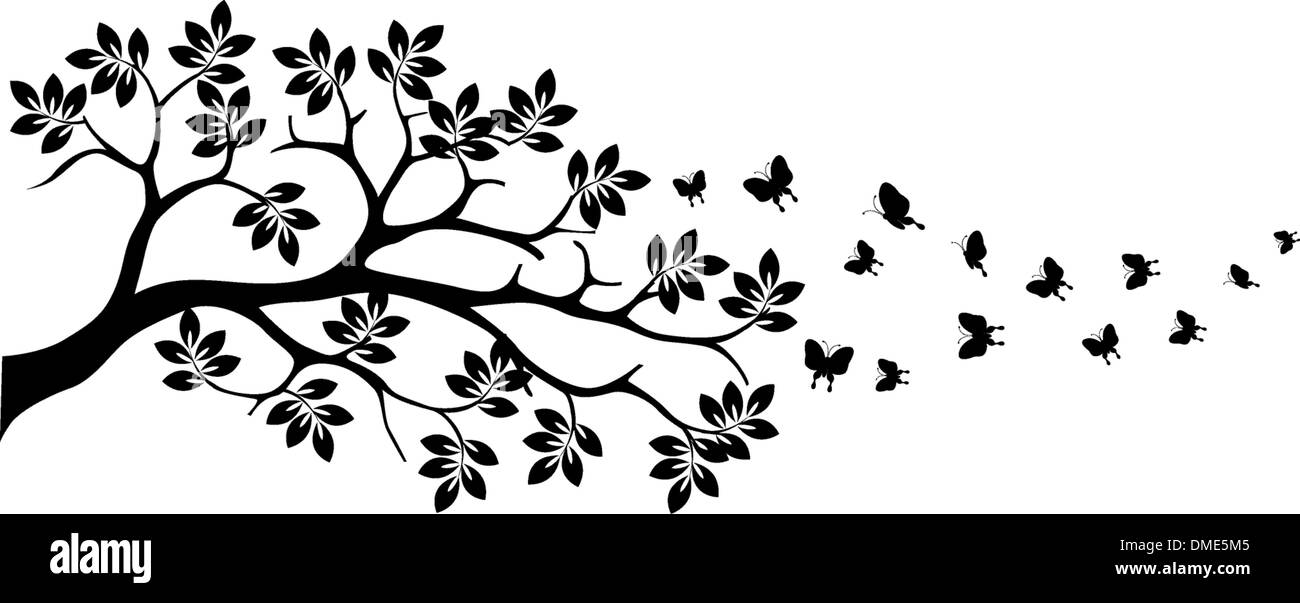 black tree silhouette with butterfly flying Stock Vector