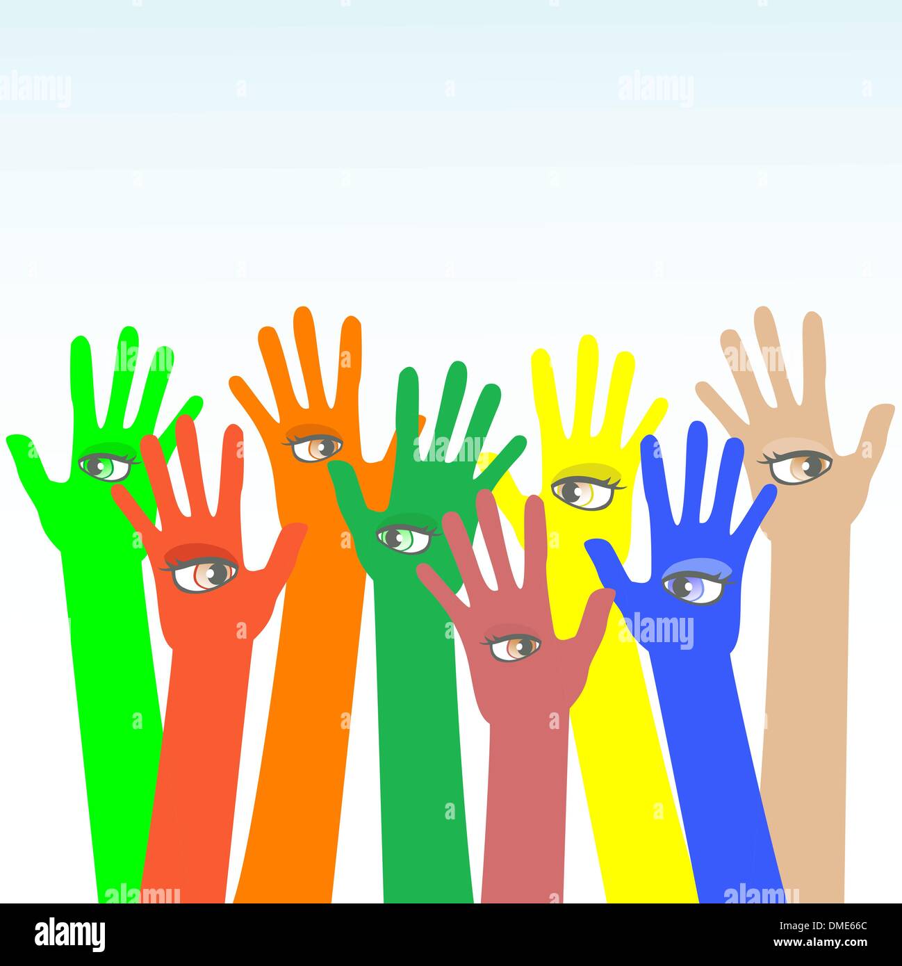 happy multicolored hands with beautiful eye vector Stock Vector