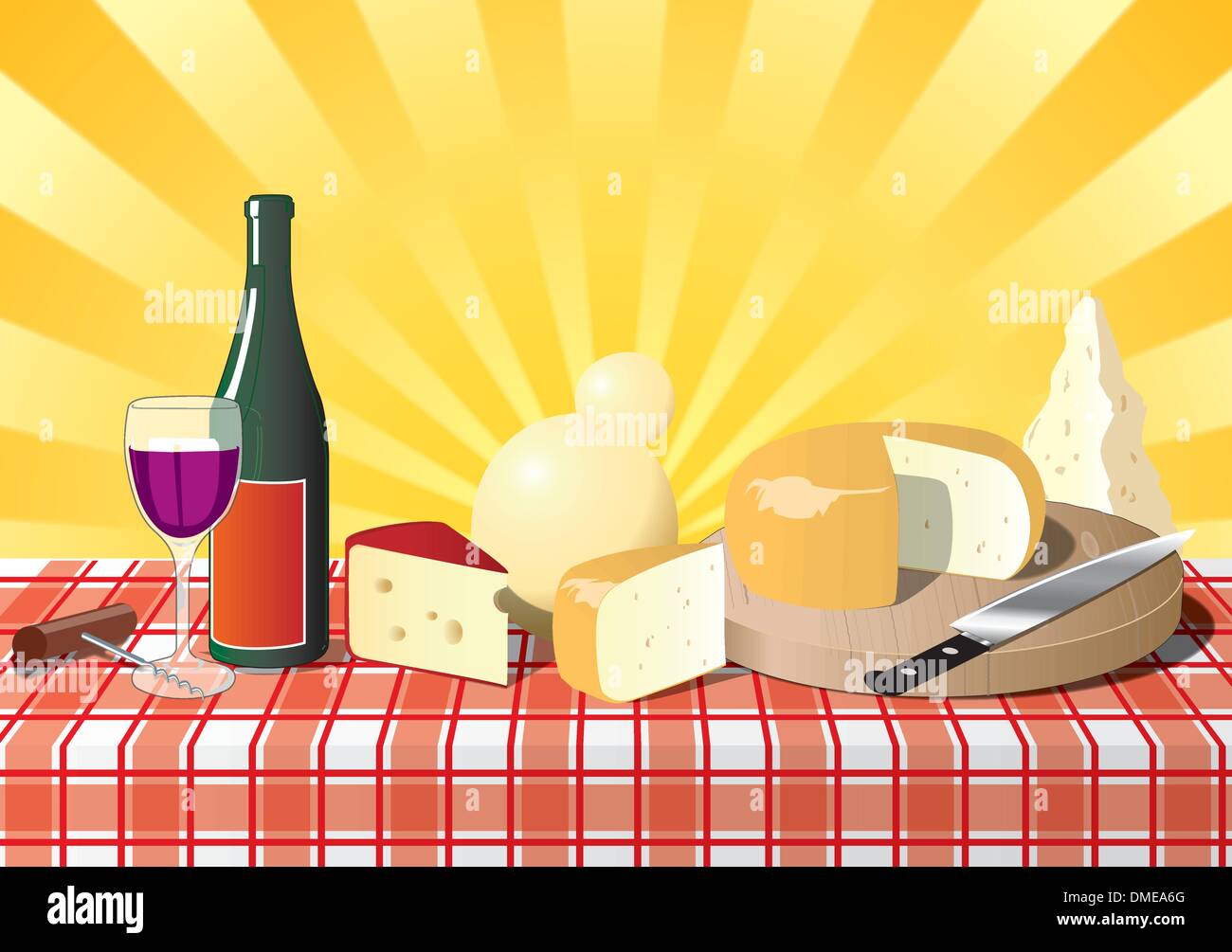 Italian cheese on the table with bottel of wine Stock Vector
