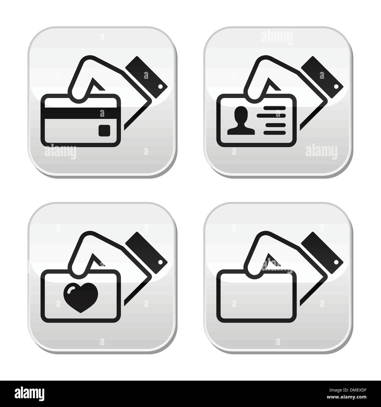 Hand holding credit card, business card, ID buttons set Stock Vector