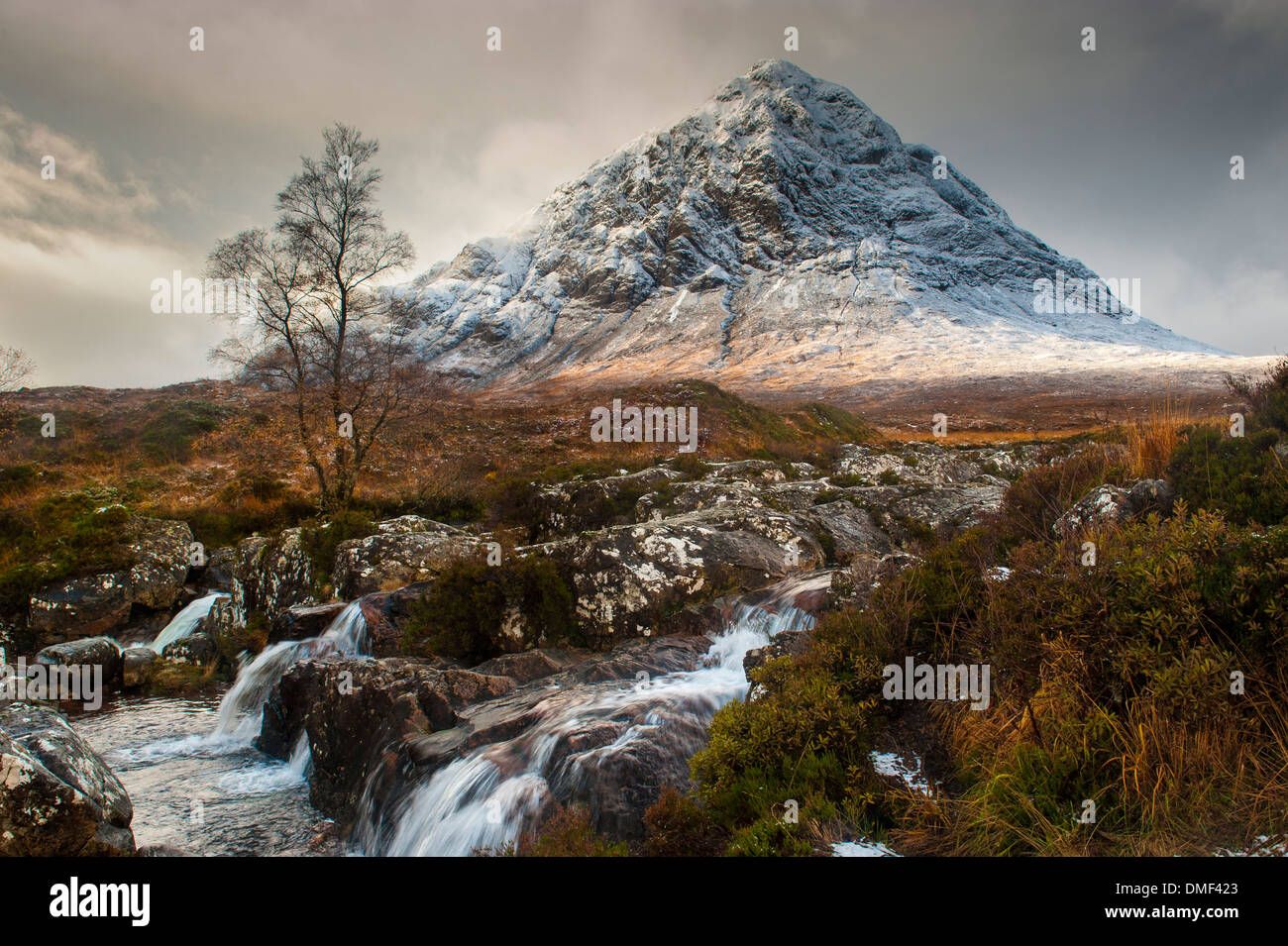 Buachaille Etive Mor rises above Rannoch Moor to a height of 1022m in winter It is located in  Glencoe in the Scottish Highlands Stock Photo