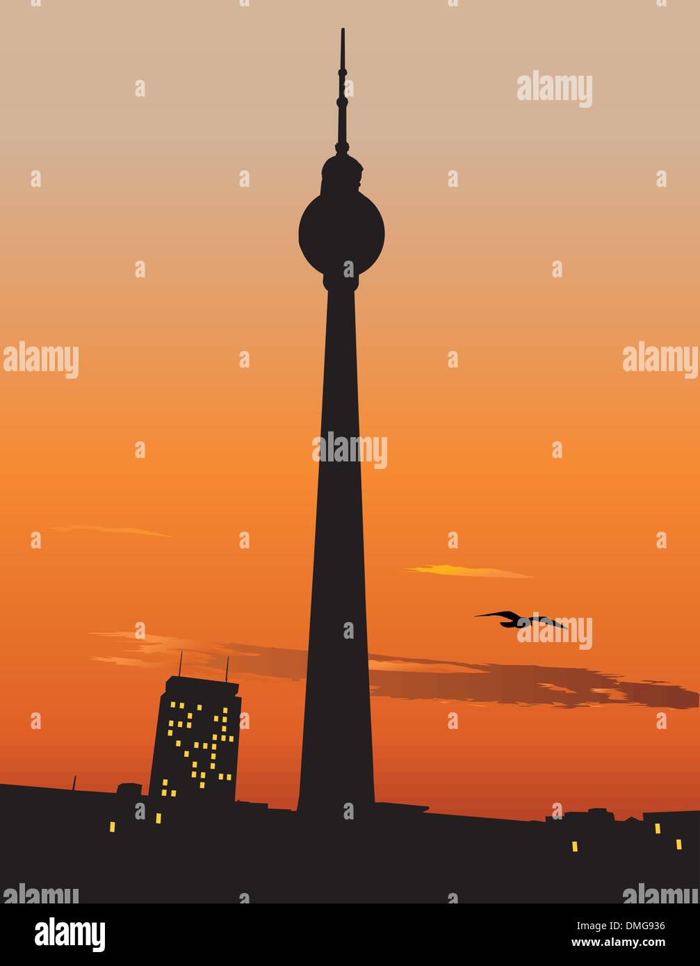 Berlin TV tower agaist sunset sky Stock Vector