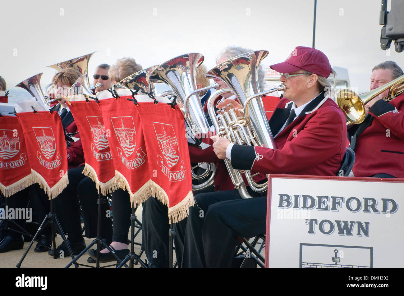 Bideford Town Band performing on pier in Westwood Ho!, Devon, UK. Stock Photo