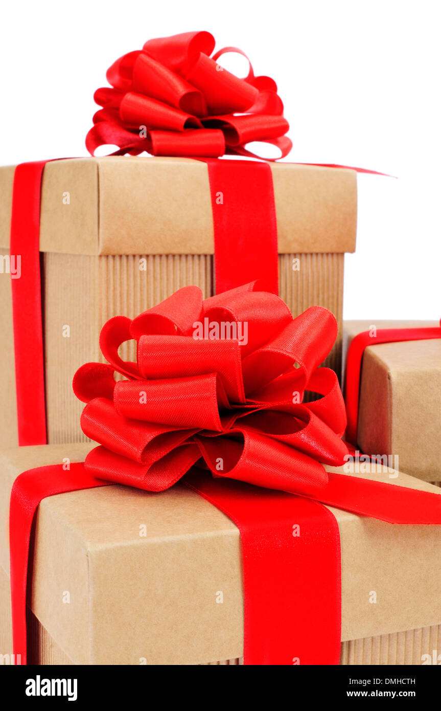 some gifts with a red ribbon on a white background Stock Photo