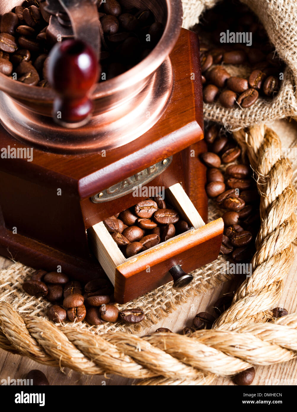 Coffee in grinder and rope still life Stock Photo