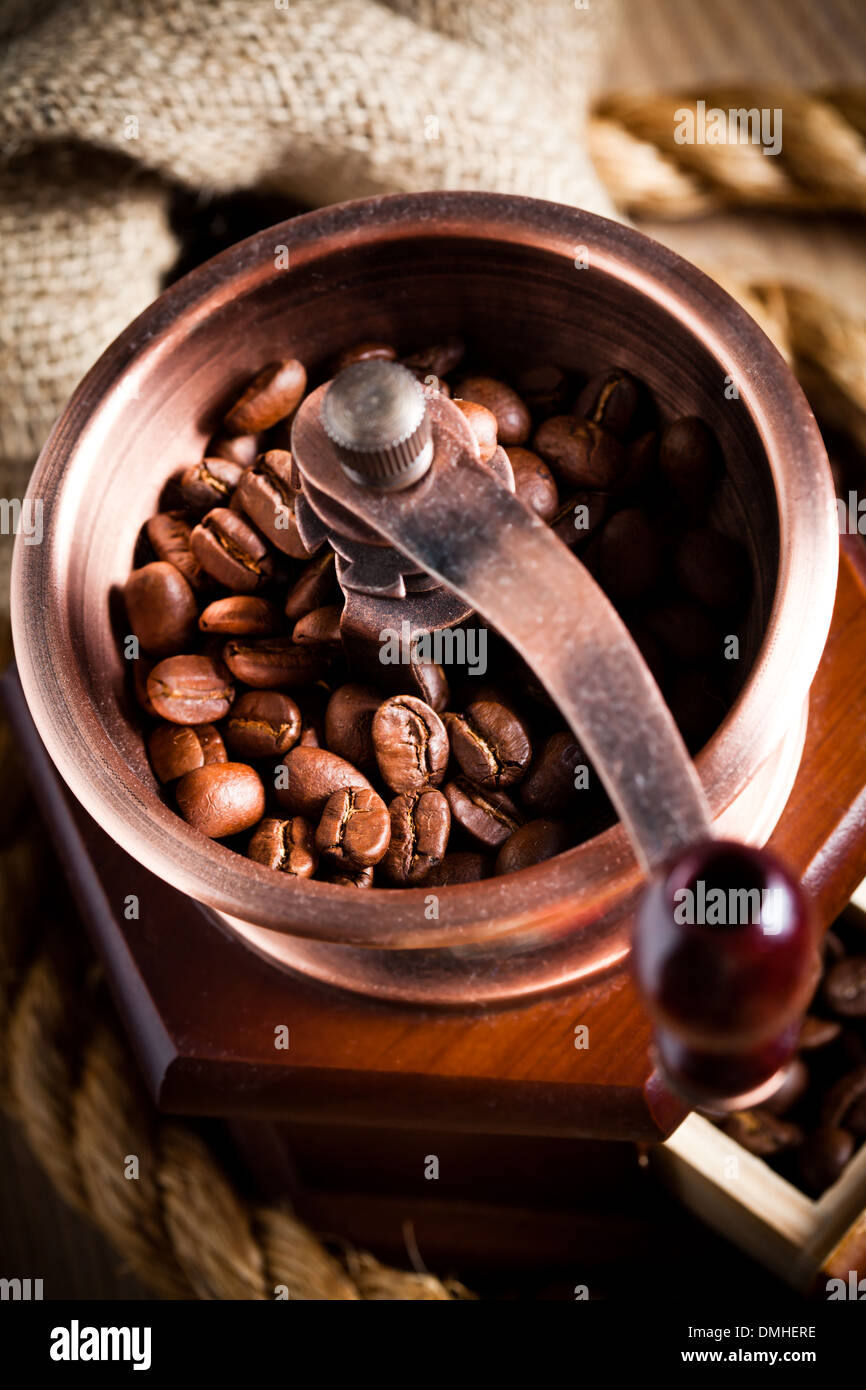 Coffee in grinder and rope still lfe Stock Photo