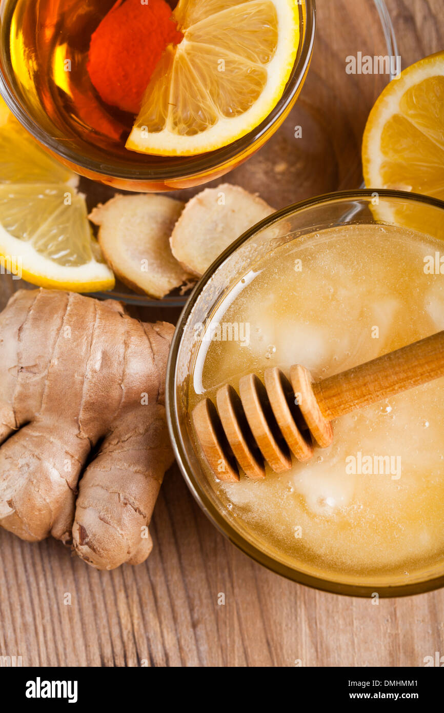 Tea with honey, lemon, and ginger. Healthcare concept for cold Stock