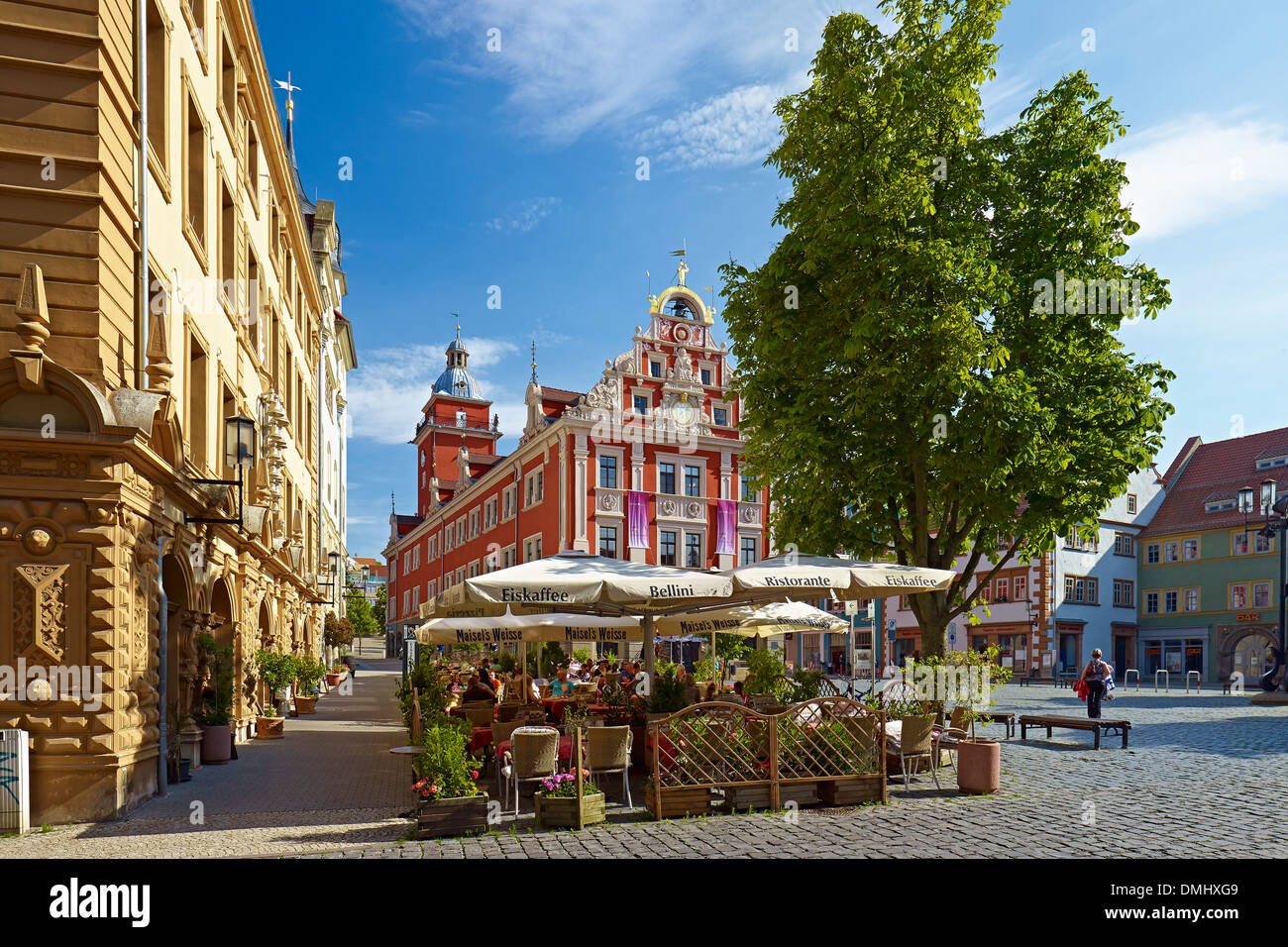 City Hall at market square with street cafe, Gotha, Thuringia, Germany Stock Photo