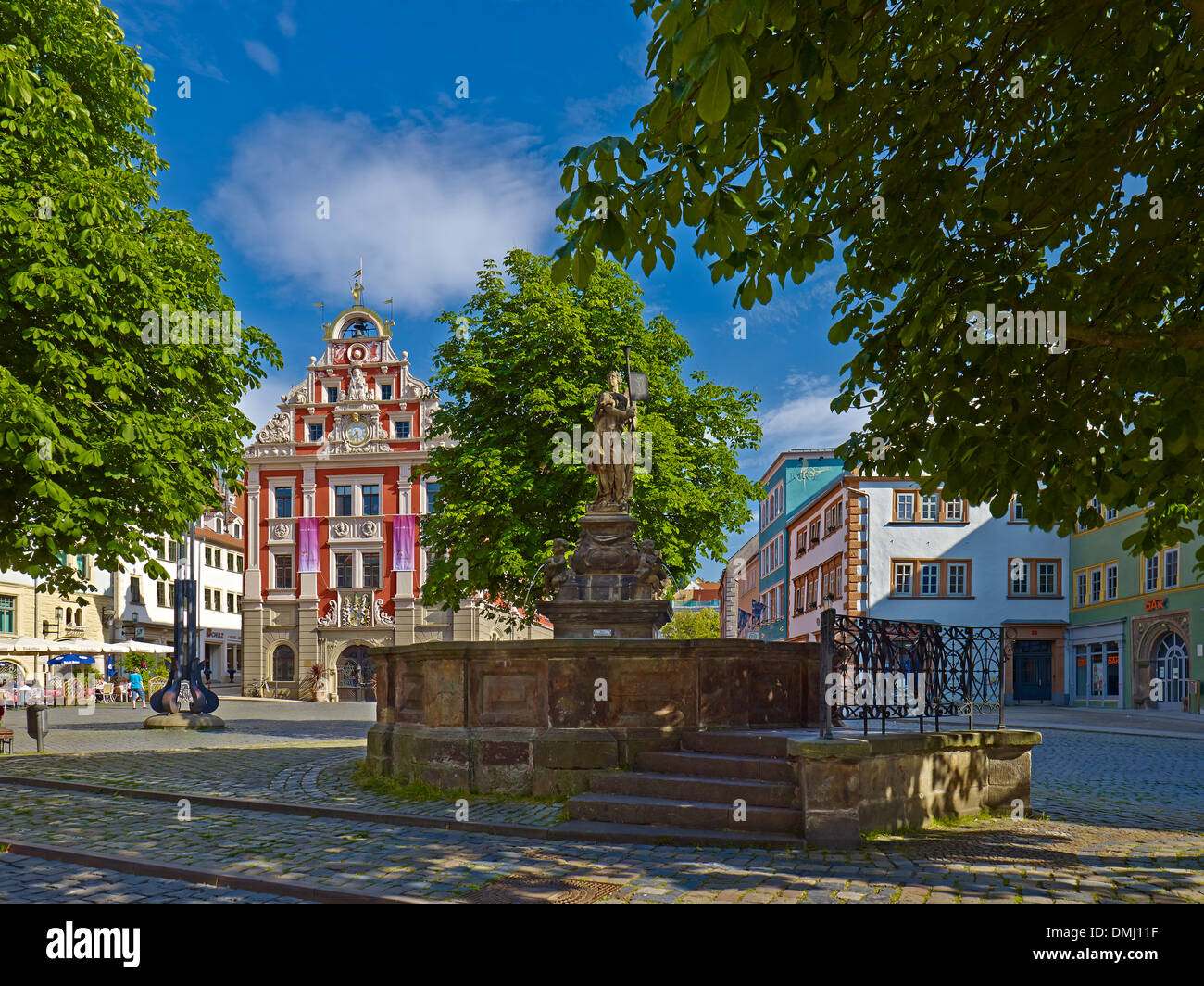 Market Square with fountain and figure of Fame, City Hall in Gotha, Thuringia, Germany Stock Photo
