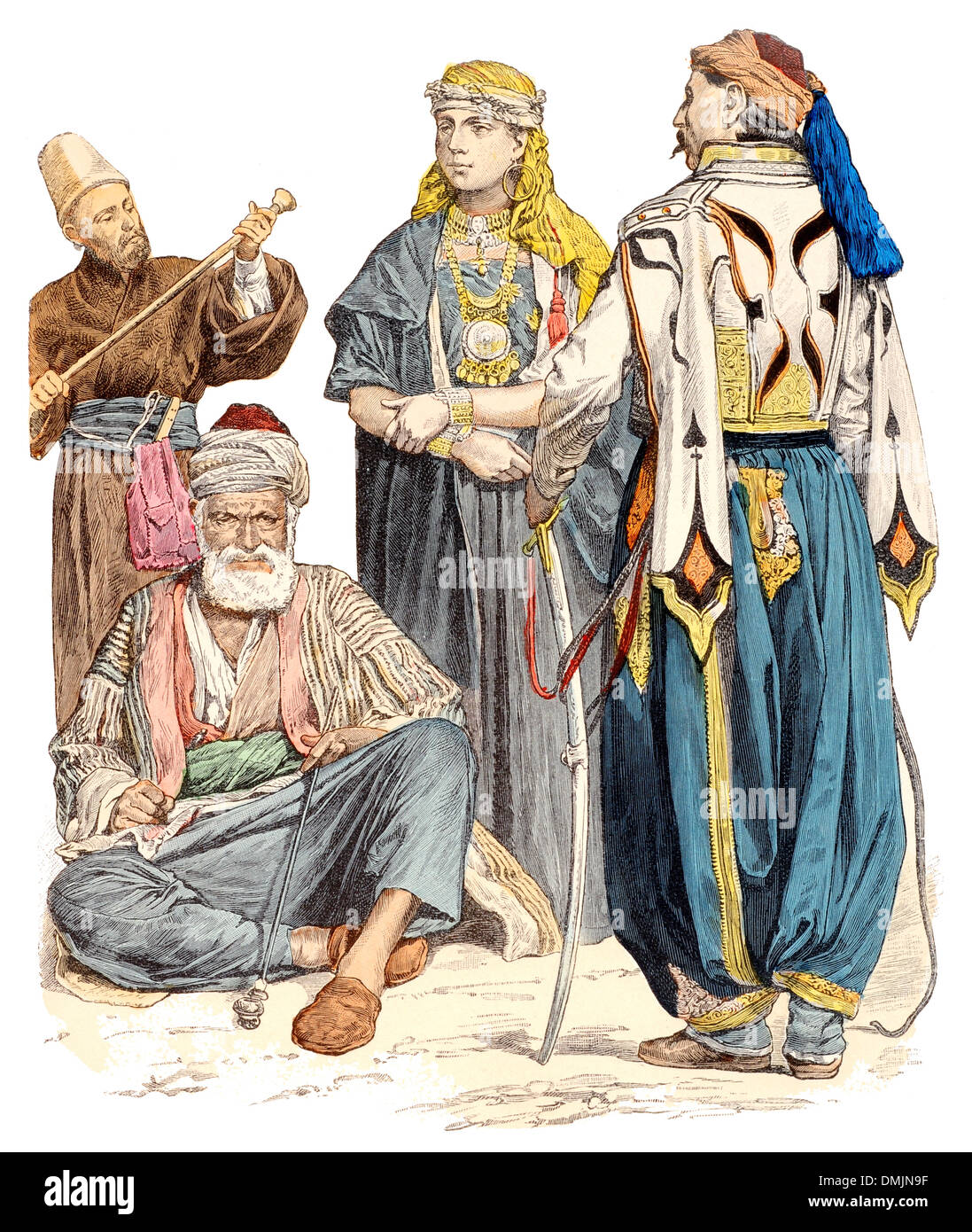 19th century XIX 1800s (Left to right) A Dervish, Syrian man, Druze woman and a man from Damascus Stock Photo