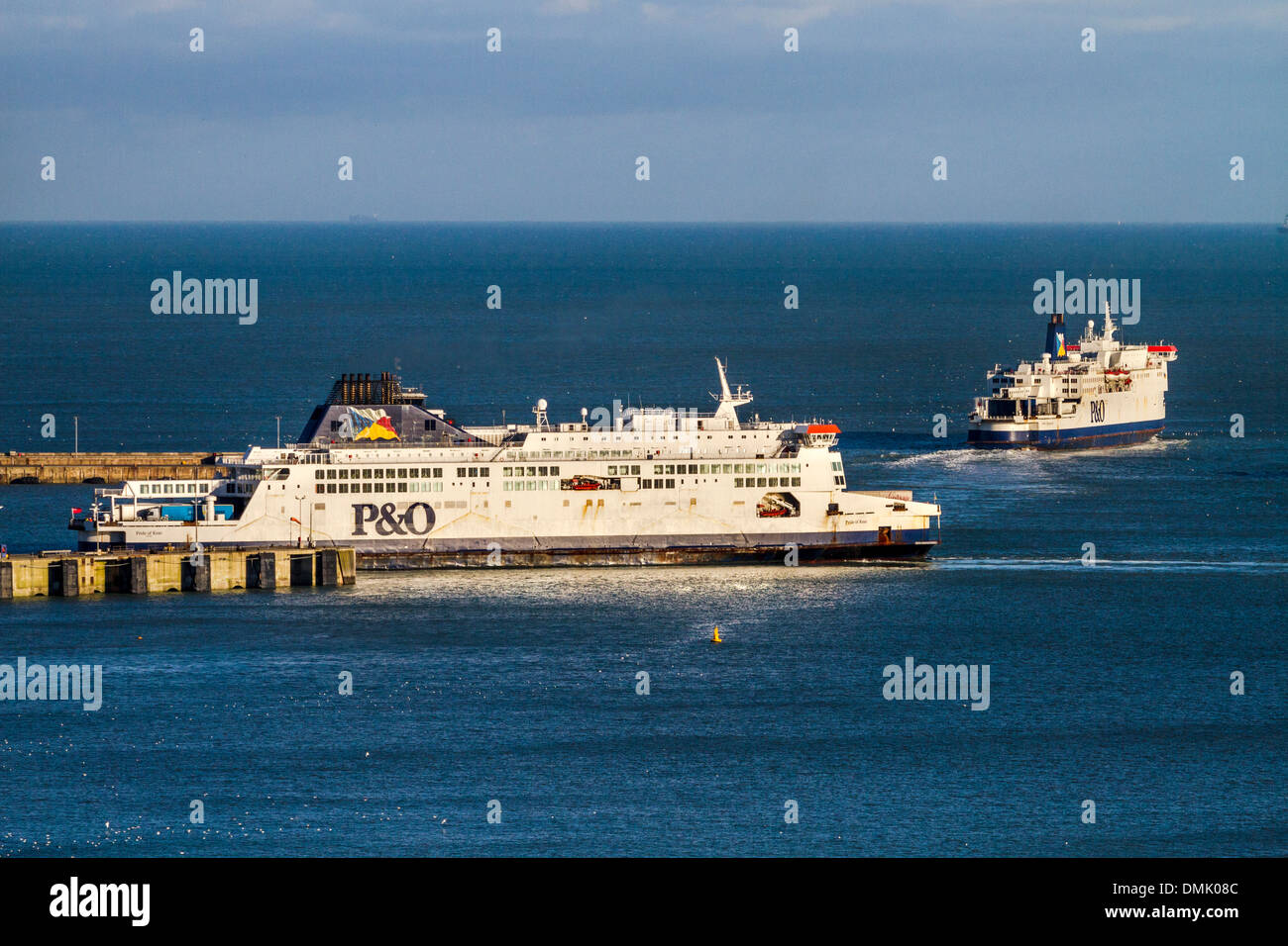 P&O ferry boats maneuver at the Port of Dover Ferry Terminal, Kent, UK Stock Photo