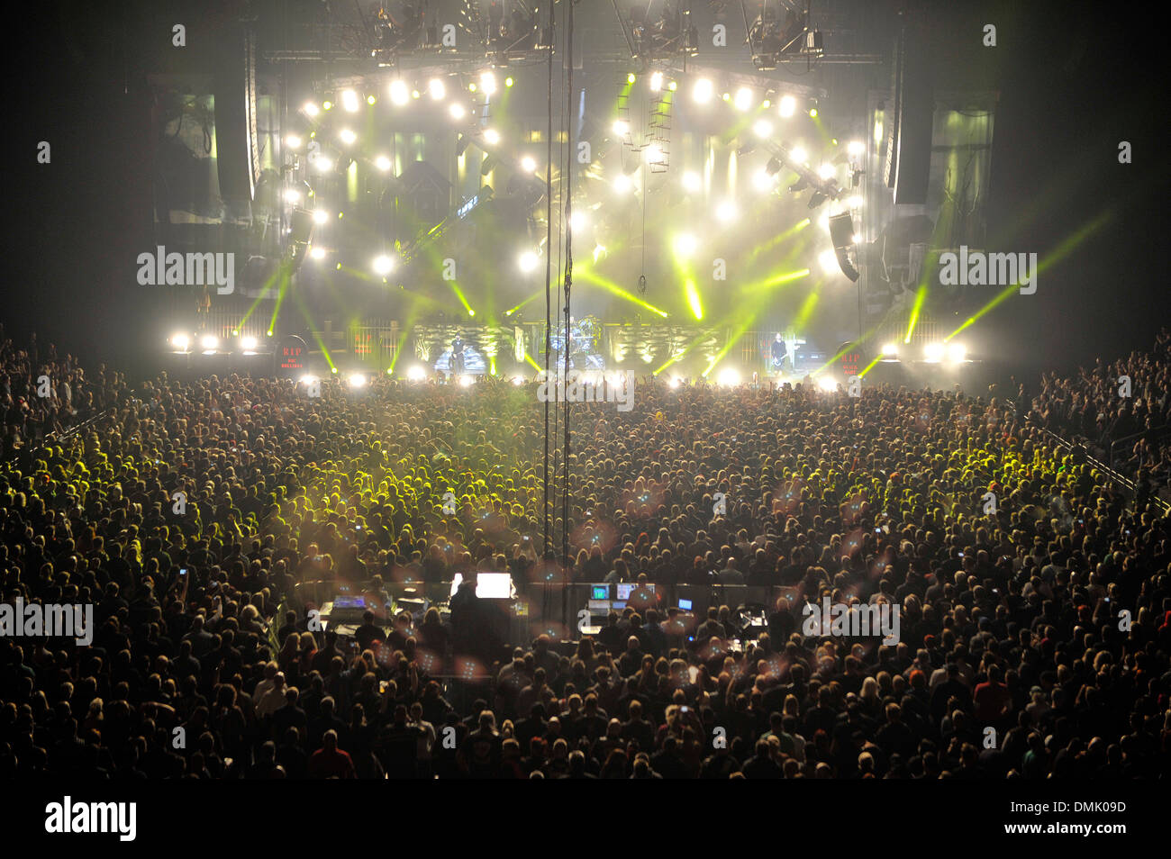 View of the stage and crowd at the O2 Word Arena in Berlin, Germany during a concert by Danish rock band VOLBEAT. Stock Photo