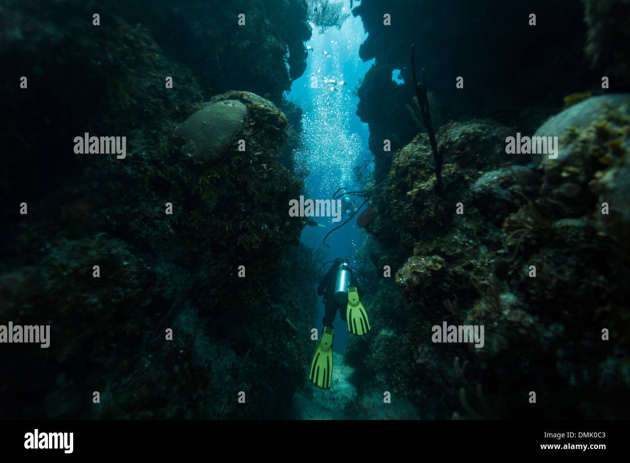 Scuba diver swims through tunnel in Blue Hole Caribbean Sea Belize Stock Photo