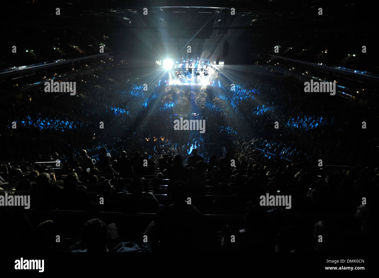 View of the stage and crowd at the O2 Word Arena in Berlin, Germany during a concert by Danish rock band VOLBEAT. Stock Photo