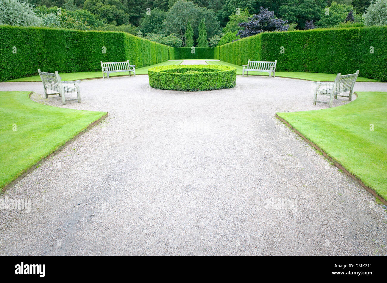 Garden seats at Rosemoor Gardens, Devon, UK. Stock Photo