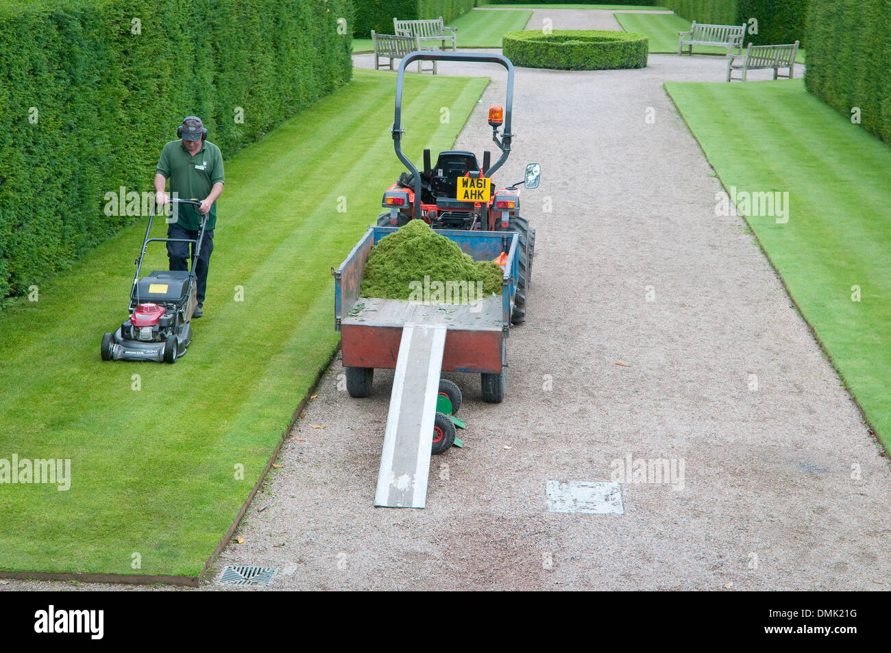 Lawn maintenance at Rosemoor Gardens, Devon, UK. Stock Photo