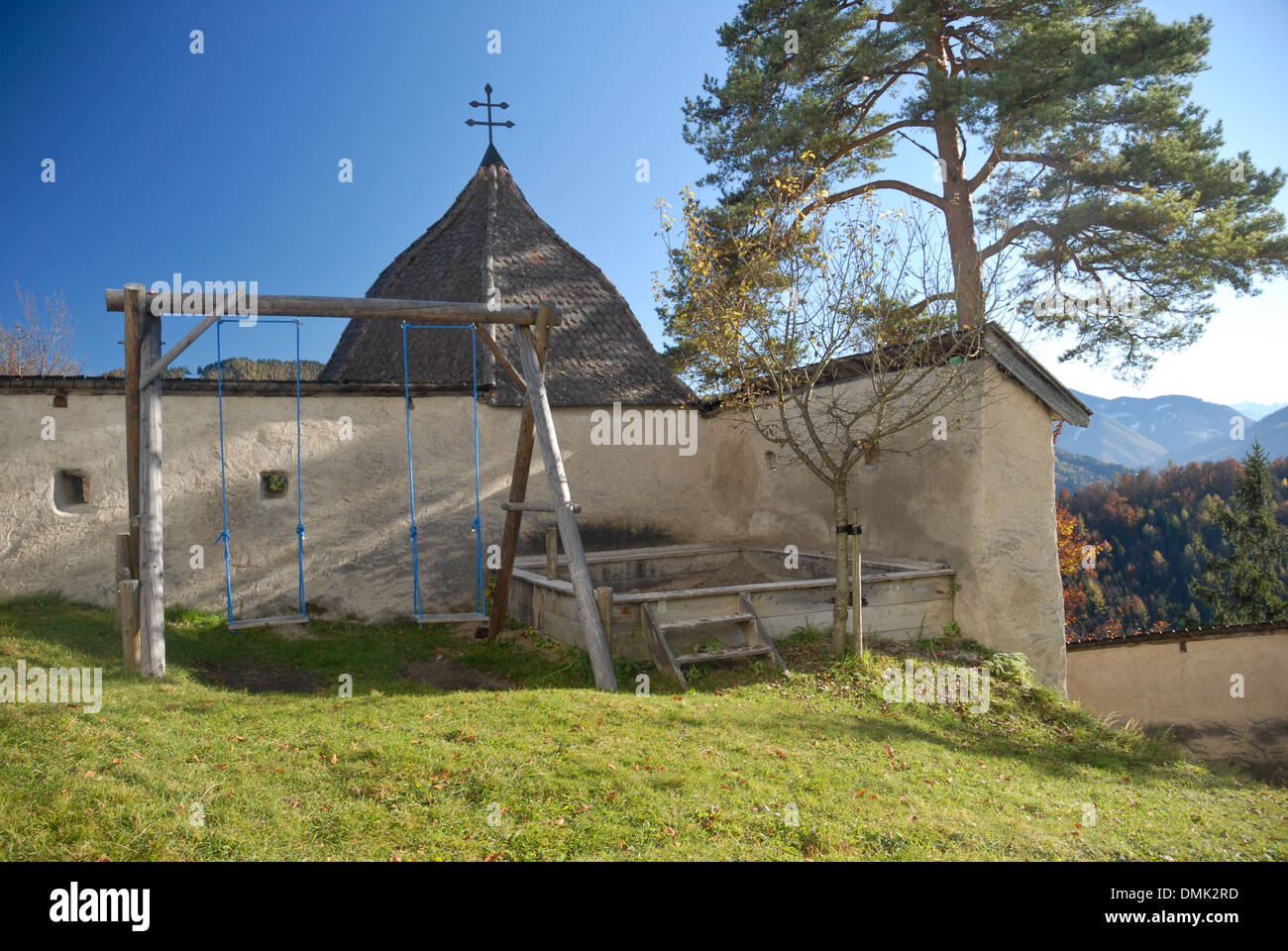 Playground next to the stairway to Heiligenstein in Gaflenz, a popular excursion and pilgrimage destination Stock Photo