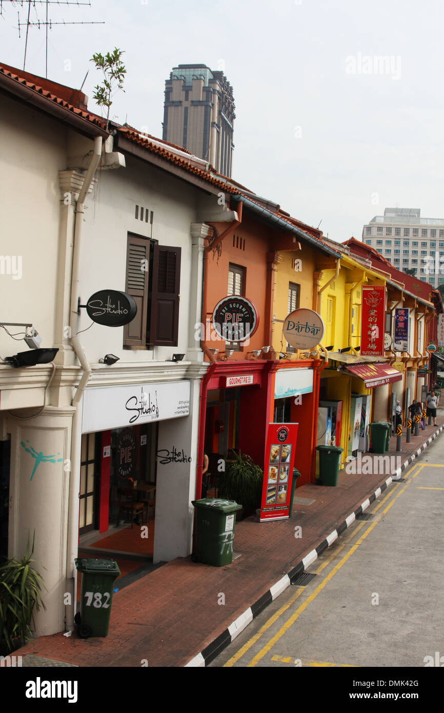 Storefronts on North Bridge Road, Singapore. Stores include The Studio Bar, The Gourmet Pie Company, Darbar Indian Restaurant. Stock Photo
