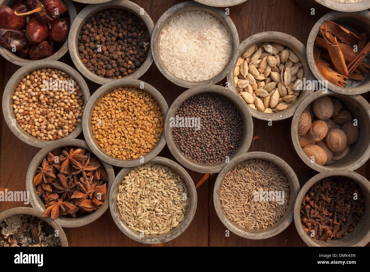 PLATTER OF SPICES WITH CILANTRO (FAR LEFT IN THE MIDDLE), STAR ANISE (FAR LEFT ON THE BOTTOM), FENUGREEK (TO THE LEFT IN THE MIDDLE), MUSTARD SEEDS (IN THE MIDDLE), CARDAMOM (ABOVE TO THE RIGHT), CINNAMON (ABOVE FAR RIGHT) AND DIVERSE VARIETIES OF RICE, S Stock Photo
