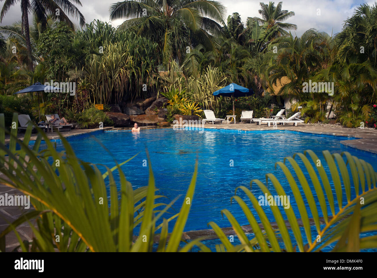 Rarotonga Island. Cook Island. Polynesia. South Pacific Ocean. Swimming pool of the Crown Beach Resort & Spa Hotel. The Resort Stock Photo