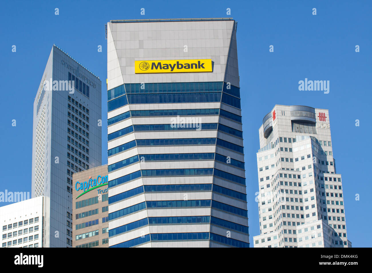 HEADQUARTERS OF THE MALAYSIAN BANK MAYBANK AND OFFICE BUILDINGS IN THE FINANCIAL DISTRICT, CENTRAL BUSINESS DISTRICT, SINGAPORE Stock Photo