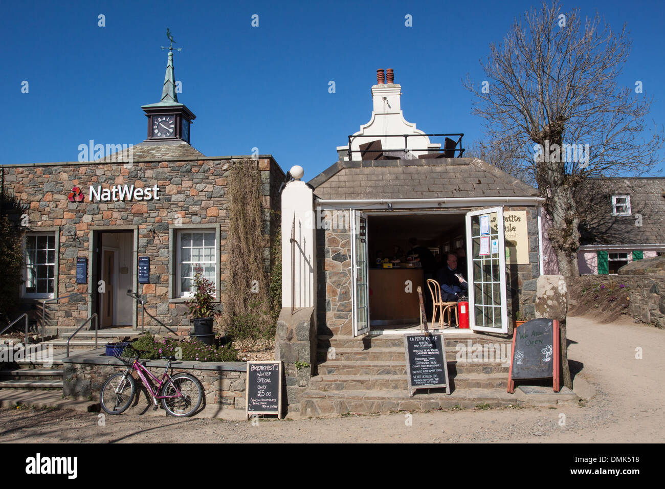 TOWN CENTRE OF SARK WITH A CAFE RESTAURANT AND A BRANCH OF THE BANK NATIONAL WEST, TAX HAVEN, ISLAND OF SARK, CHANNEL ISLANDS Stock Photo
