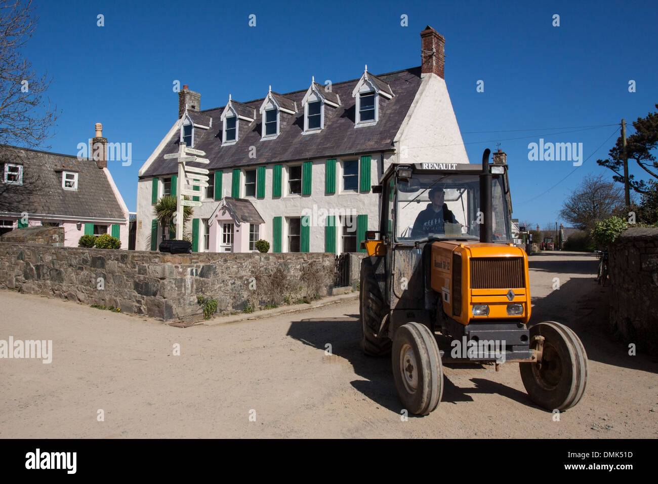 TRACTOR IN THE TOWN CENTRE OF SARK, ISLAND OF SARK, CHANNEL ISLANDS Stock Photo
