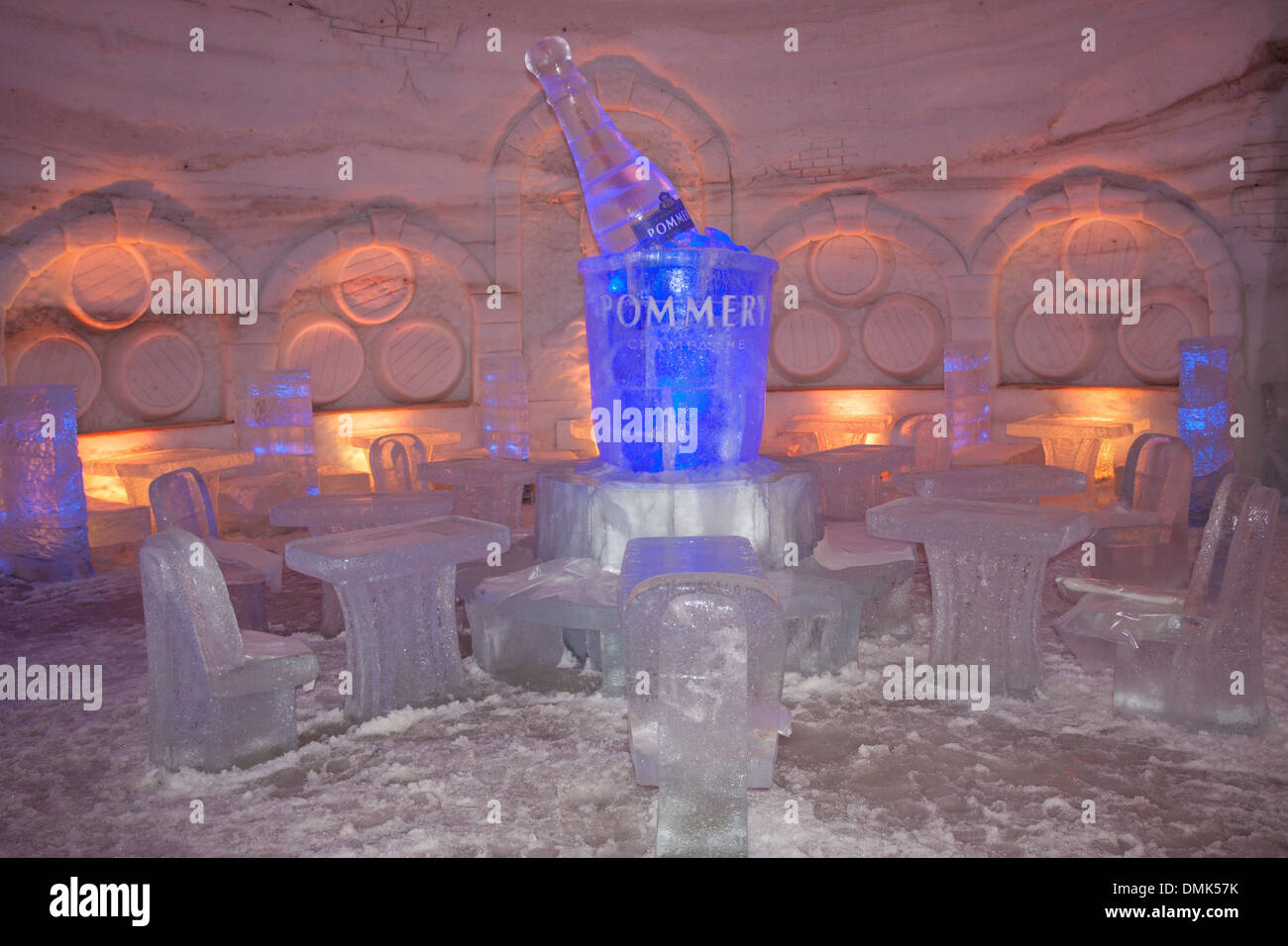 LOBBY OF THE HOTEL DE GLACE (MONTREAL'S SNOW VILLAGE) ON SAINT HELEN'S ISLAND, IN WINTER, MONTREAL, QUEBEC, CANADA Stock Photo