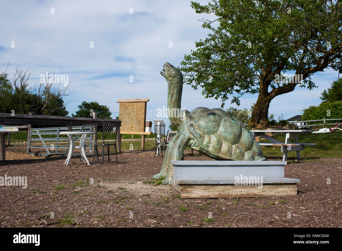 A large sculpture of a tortoise at Abrams animal farm in front of Manisses cottage on Block